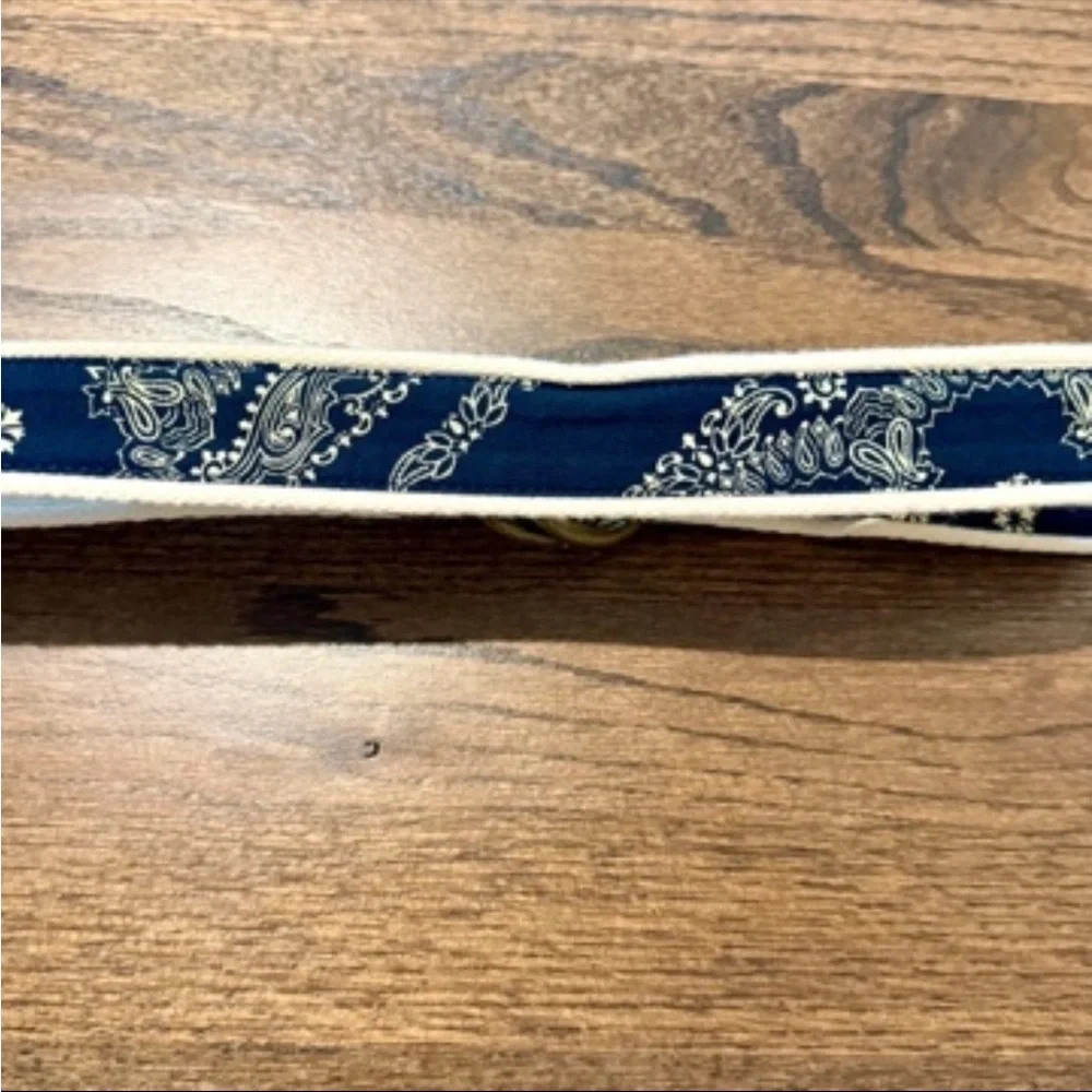 Ralph Lauren Navy Paisley Canvas Belt with Brown Leather and Gold Buckle